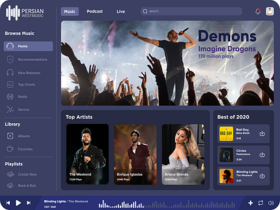 Web Music album ariana grande dark design download enrique figma genres live music play playlist podcast radio singer song ui ux volume bars web