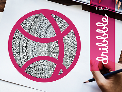 Hello Dribbble! design doodle doodleart doodles doodling dribbble hand drawn handmade hello dribble hellodribbble invite mandala mandalas mockups pink logo welcome page