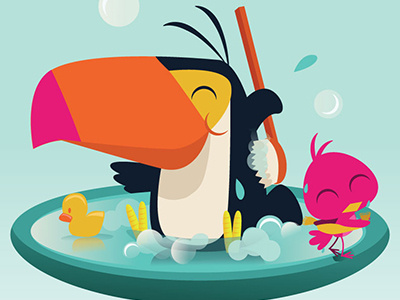 Toucan In The Tub bright cartoon childrens art colorful editorial art illustration