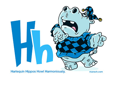 Harlequin Hippo alphabet cartoon childrens colorful comic editorial fun happy illustration kids