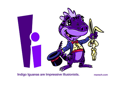 Indigo Iguana alphabet cartoon childrens colorful comic editorial fun happy illustration kids