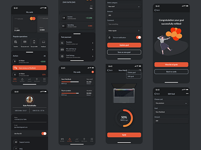Mobile Banking for iOS Dark Theme app bank bank app banking clean clean design credit card credit card checkout dark dark ui design finance ios mobile app neomorphism neumorphic skeuomorph skeuomorph app ui wallet