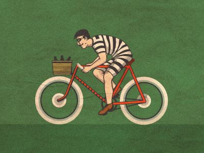 Robber Cyclist beer bicycle bottles character green human illustration orange tires white whitewall