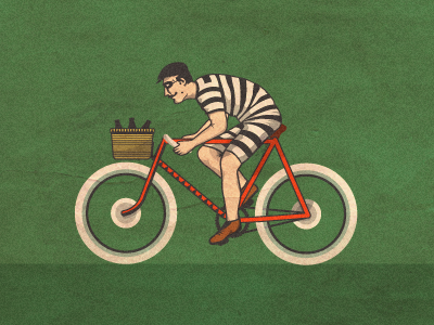 Robber Cyclist illustration human character bicycle beer bottles whitewall white tires orange green