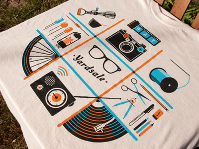 Yardsale Shirt apparel art blue camera electronics film food illustration orange radio sewing t shirt thread vinyl