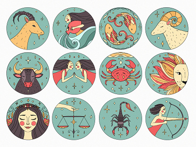 Zodiac sins art character design dailyui design digital flat horoscope icon illustration illustrator logo set sign ui ux zodiac