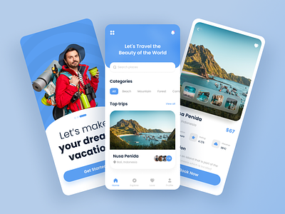 Travel App adventure android beach camp explore forest holiday ios mobile mockup mountain nature river tourist travel travel-app traveling ui-kit uiux vacation