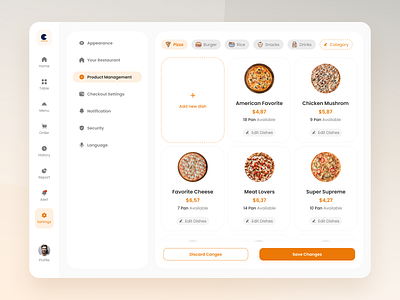 Cheseto Restaurant POS App - Settings beverage burger casier customer dashboard app dishes food management pizza pointofsale popular pos product restaurant sales sell settings sold ui ux