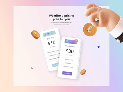 PICTIC • Pricing Plan 3d 3dillustration coin color hand mobile offer price pricing pricingplan screen screens ui ux web website