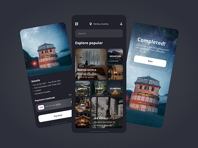 Travel Service • App accommodation app application book booking card design hostel hotels mobile pay phone screen screens travel traveling travelling ui ux winter