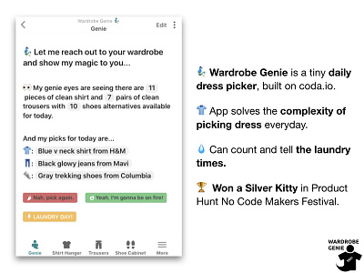 Wardrobe Genie - Daily Dress Picker coda database mobile mockup mvp