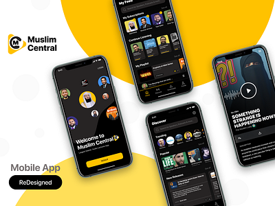 Muslim Central App (Podcast) - Redesign app dark dark ui design figma islam mobile mobile app muslim podcast project ui uiux ux