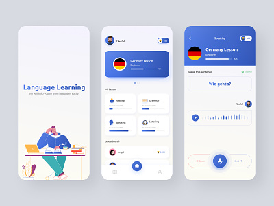 Language Learning App app blue clean course app daily ui design gradient interface language learning app learning app learning language lesson app mdern ui minimal mobile design mobile ui online course ui ui design ux