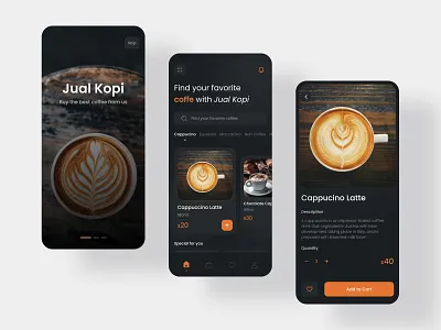 Jual Kopi cafe cappuccino clean coffee coffee app coffee bean coffee mobile design coffee shop coffeeshop daily ui dark mode design e commerce mobile design mobile ui online food order order food sell coffee ui ui design