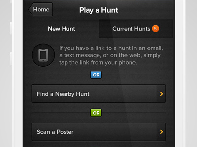 Klikaklu "Play a Hunt" Screen app bright clue color dark hunt iphone mobile picture scavenger social texture