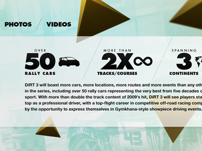 Dirt 3 Graphics chunky dirt 3 futura infographic microsite rally triangle triangles videogame