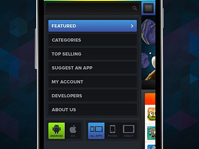 App Store Mobile Site Menu app button dark horizontal icon list menu mobile slide switch toggle transition