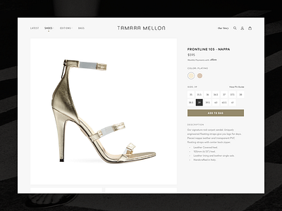 Tamara Mellon Design Exploration: Product Detail Page catalog detail ecommerce fashion grid high end minimal options product product photography shoes shopify sizes swatches
