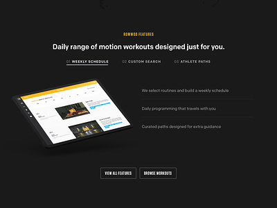 Romwod: Homepage Design Detail 2 app conversion crossfit dark homepage landingpage lifestyle marketing san diego video website