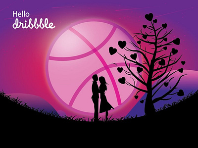 Hello Dribbble!!! couple design hearts hellodribbble illustration love moonlight tree