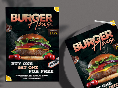 Burger House Flyer Free PSD Template burger burger king burger menu burgers business design event flyer flyer design flyer template flyers food free delivery freebie online delivery promo promotions restaurant