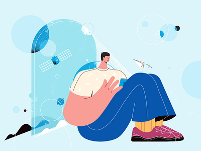 Explore design drawing flat illustration landingpage man reading star universe vector web