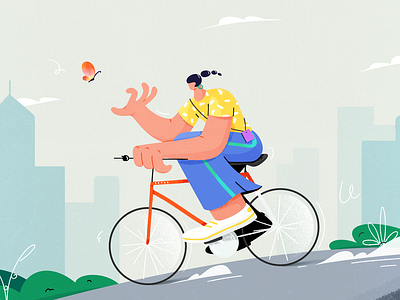 Chasing the Butterfly bike butterfly character cloudy design drawing dribbble flat girls green illustration landingpage web