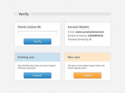 Verify your account - web form. blue box buttons forms orange submit ui verify web