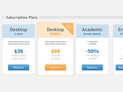 Subscription Plans best value blue box buttons forms orange plans pricing register title ui web