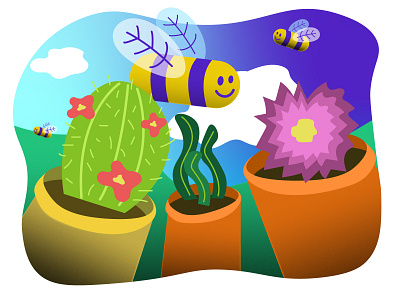 Bee creative bee blue cactus color color palette colorful design flat flower fun garden green illustration plants shades vector
