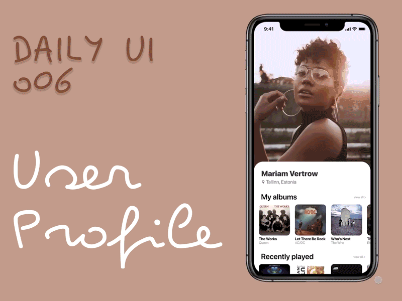 Daily UI #006 - User Profile adobe photoshop animated gif app apple dailyui dailyui006 design figma minimal music music app ui user experience web design white