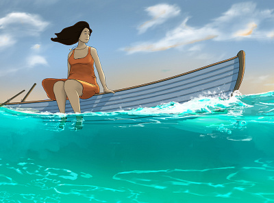 When she meets the Ocean artwork boat cinematic concept digital painting illustration ocean shot travel water wave