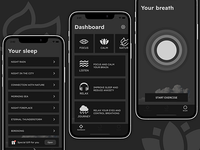 Focus Relaxation App anxiety app appstore breath design graphic design ios meditation player relax relaxation relief sleep sounds stress ui