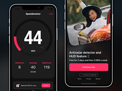 Speedometer & Antiradar iOS App app appstore code design hud ios mobile mode paywall source speed speedometer subscription template tracker ui