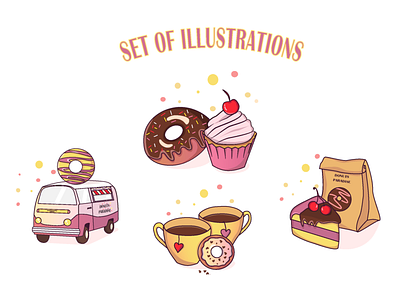 Set of illustrations for shop art branding design donut donut shop dribbleartist illustration illustrator minimal sweets teatime vector