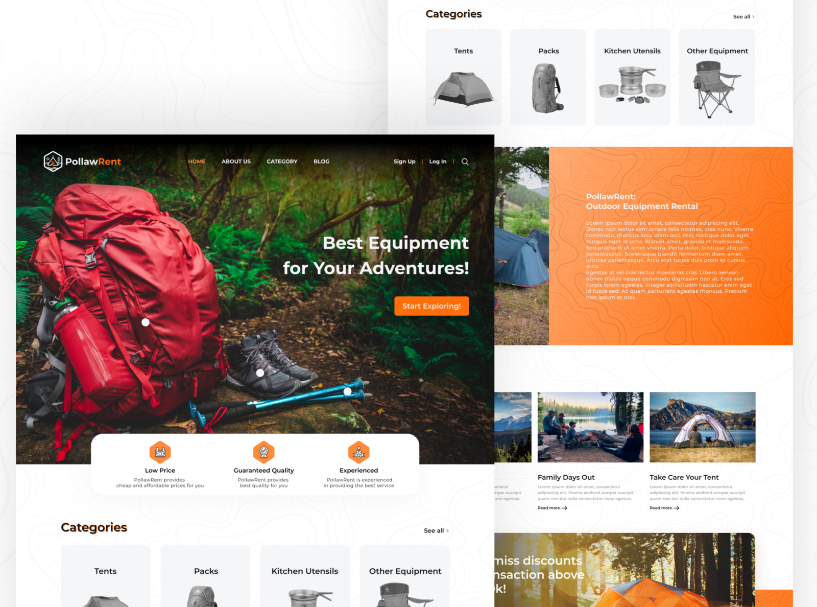 Landing Page of An Outdoor Equipment Rental Website by Jeremy Herviandi