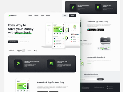 Atom Bank - Digital Fintech Landing Page Web UI Kits Template bank business clean computer concept digital e wallet fintech green landing page minimal web