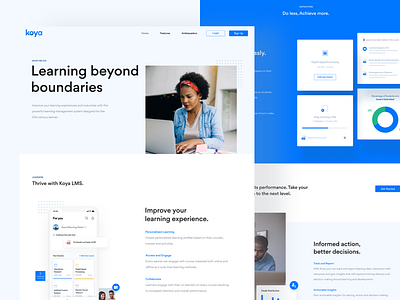 Koya Website Design 2d beautiful black blue data design finance homepage illustraion information landingpage learning minimal ui uxdesign website white woman