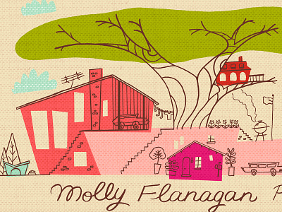 Molly Flanagan Photography flavor illustration cars clothes line clouds hot colors houses illustration linen texture mid century rainbow of color retro town tree typography village