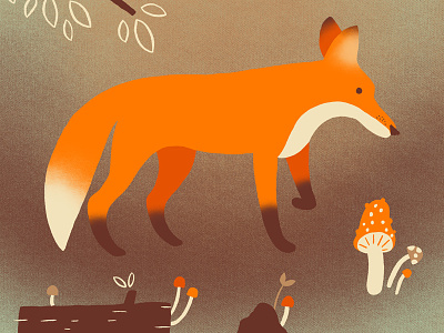 Foxy brown fox illustration leaves mushrooms nature orange stump woodland