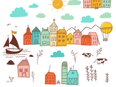 Wide whimsical world city clouds colorful cows farm hot air balloon houses illustration ship sun town