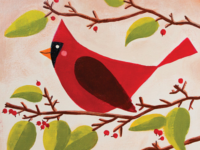 Little red cardinal painting acrylic berries bird cardinal illustration leaves original painting red