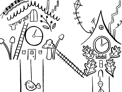 Inked cuckoos cuckoo clocks illustration ink lines mushrooms woodland