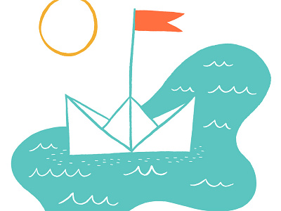 Paper boat blue flag illustration paper boat sun water waves