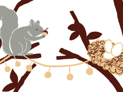 Happy little woodland creatures eggs illustration nest squirrel trees