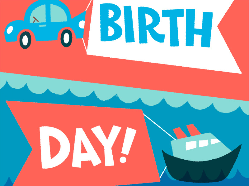 Happy birthday vehicles flags water card birthday car boat illustration