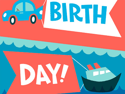 Happy birthday vehicles birthday boat car card flags illustration water
