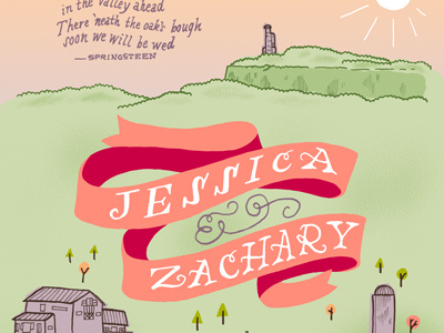 Jess & Zach illustration invitation mountains ribbon sun trees typography wedding