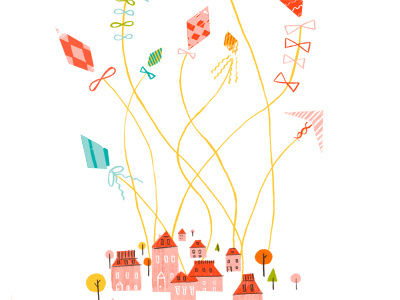 Let's go fly a kite! houses illustration kites trees village