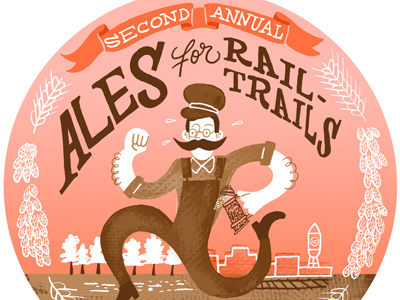 Ales for Rail-trails 5K banner beer brown conductor durham hops illustration local nc pink race red running typography wheat